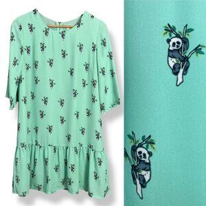 Sugarhill ModCloth Babydoll Dress Panda Pattern Size 6 Ruffle Skirt Teal Green